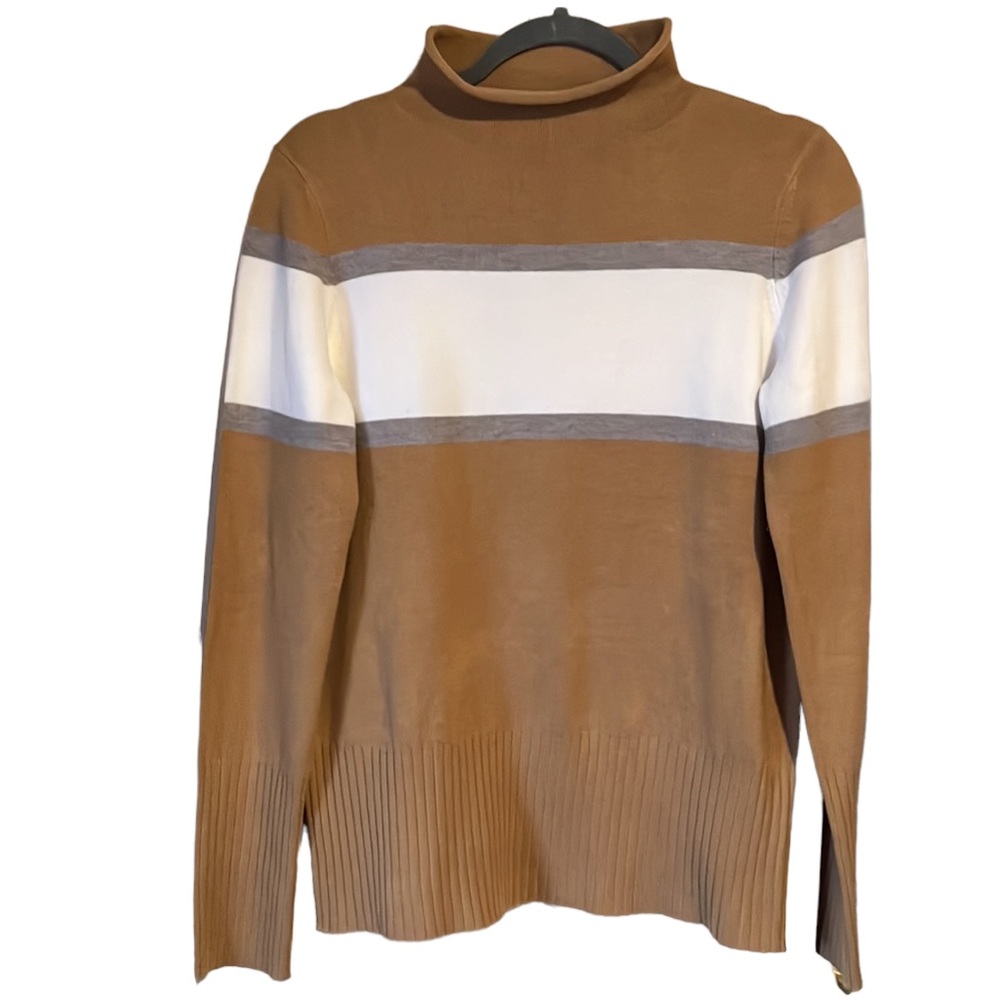 Light Brown Sweater with Ivory & Gray Stripe Career Casual Rolled Neckline (M)